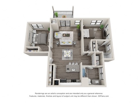 Floor plan for 2 beds, 2 baths, 1036 sqft